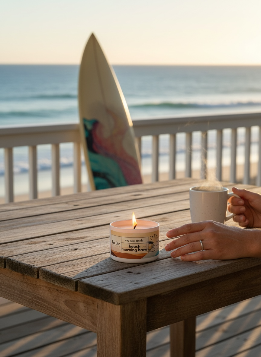Candle and mug of coffee on a wooden table with a beach view and a surfboard in the background.