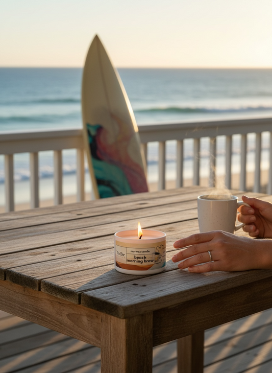 Candle and mug of coffee on a wooden table with a beach view and a surfboard in the background.