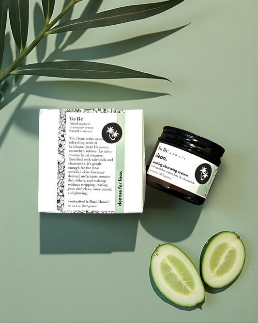 To Be Cosmetic jar with a white label, a box, and sliced cucumber on a green background