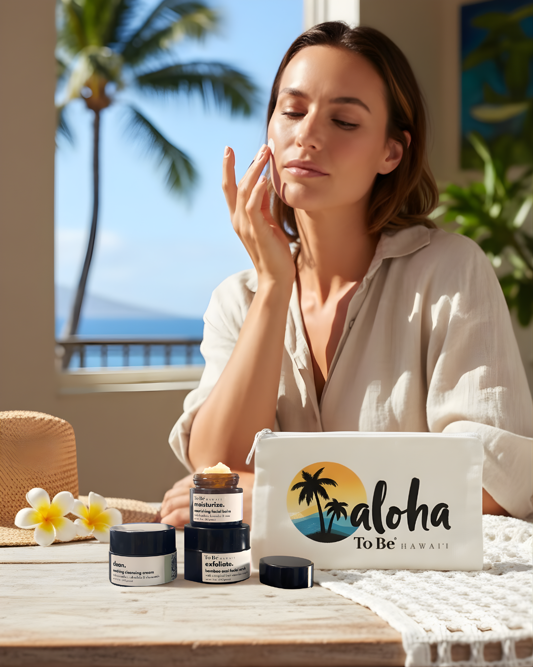 Woman applying cream to her face with 'Aloha To Be' products on a table next to the white zip canvas bag with "Aloha" Branded on it.