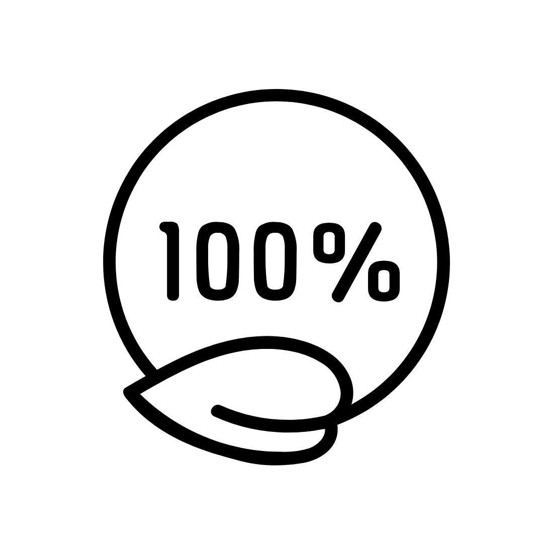 Black icon of a leaf with '100%' text inside on a white background