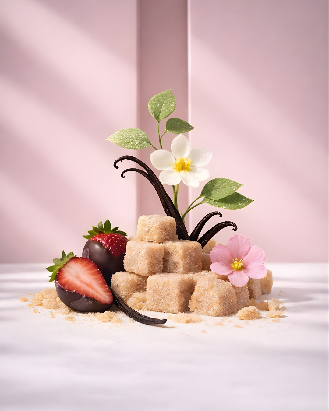 Decorative arrangement of vanilla beans, strawberries, and flowers on a pink background