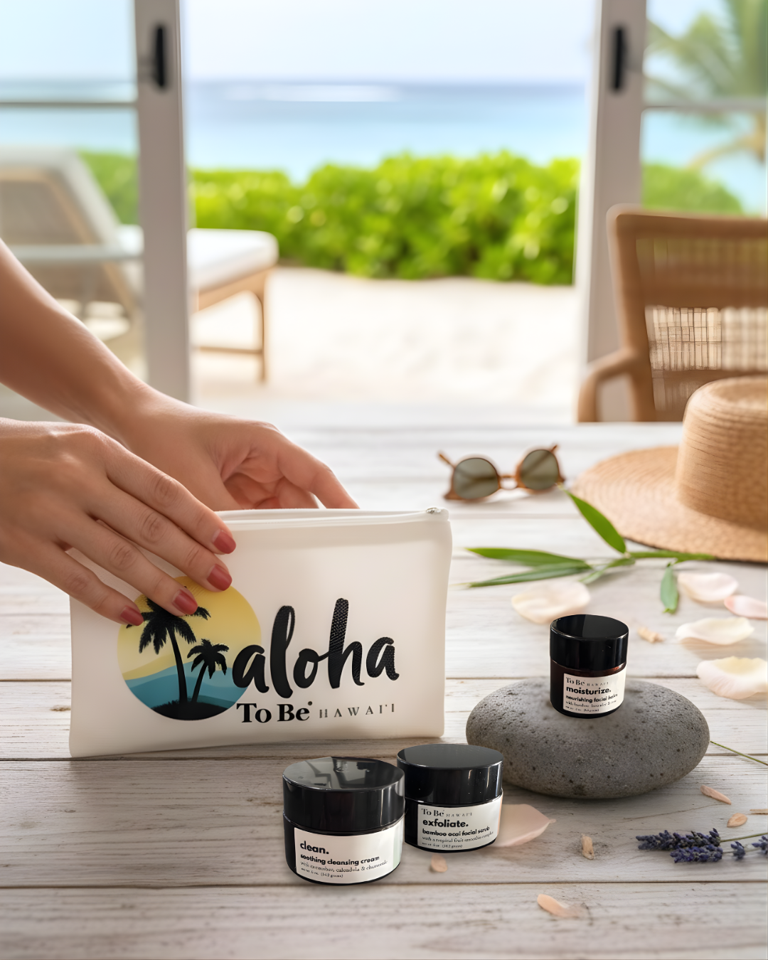Hand holding a pouch with 'aloha To Be' branded white canvas travel zip bag on a wooden surface with beach-themed decor.