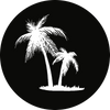 White silhouette of two palm trees on a black circular background
