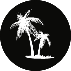 White silhouette of two palm trees on a black circular background