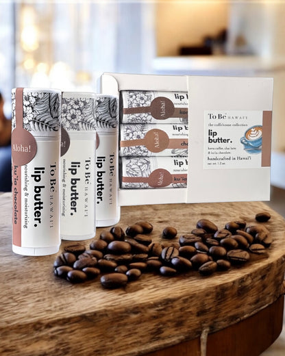 Lip butter Coffee themed Gift Set packaging with coffee beans on a wooden surface