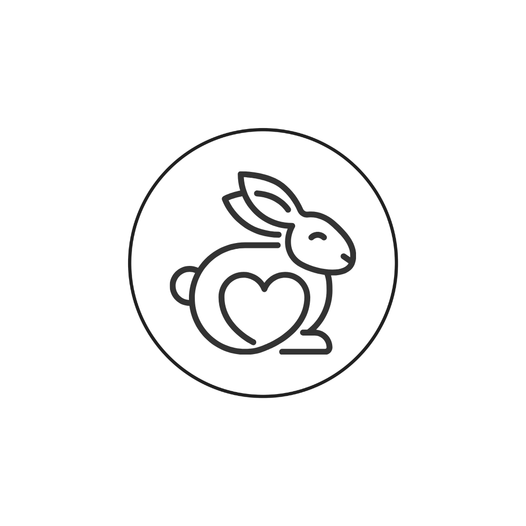 Black and white icon of a rabbit with a heart on a white background
