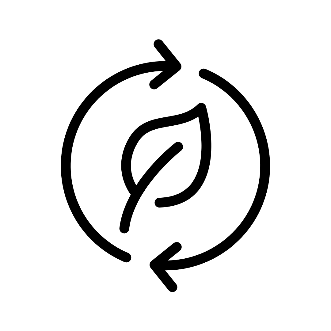 Black recycling symbol with a leaf inside on a white background