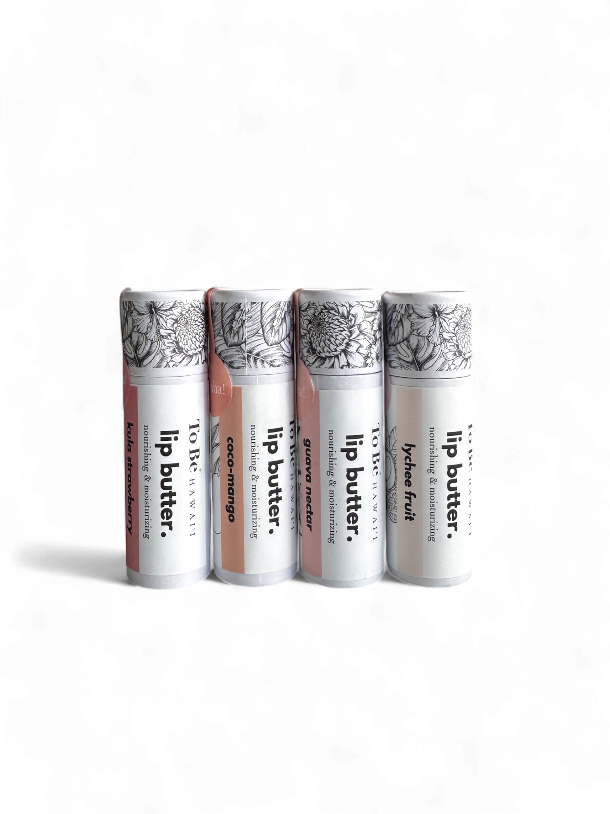 Four lip butter tubes  on a white background