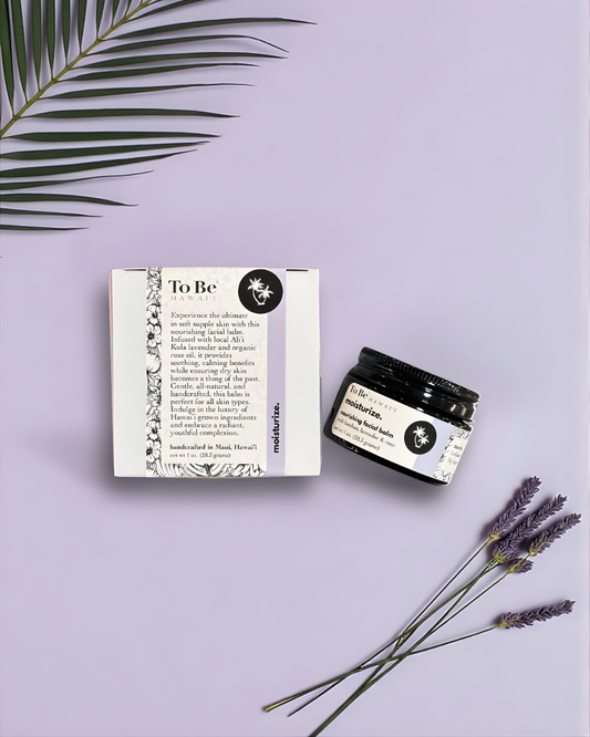 Jar of 'To Be' skincare product with packaging and lavender flowers on a light purple background