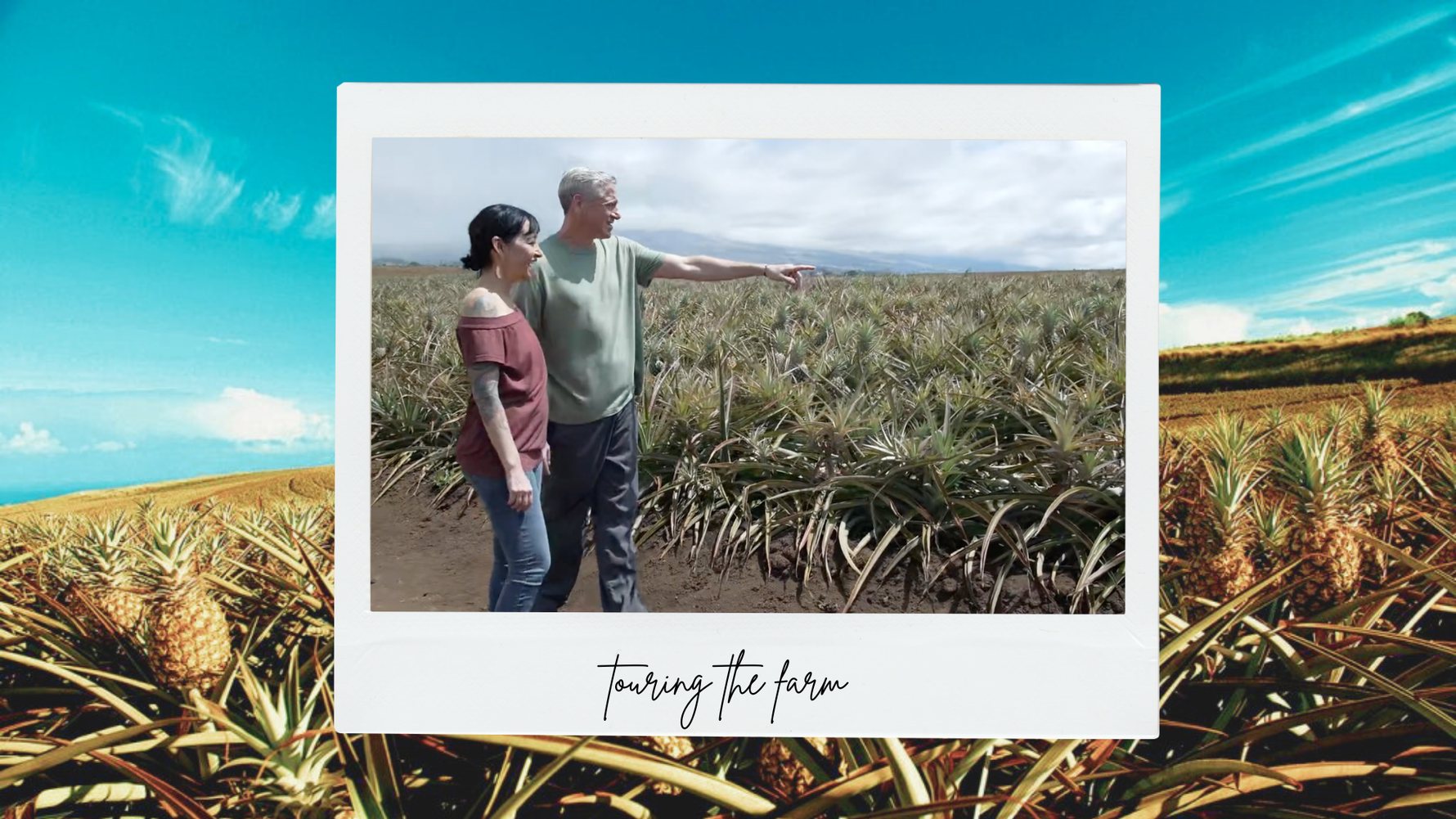 Founder Karli Rose and her husband Michael standing in a pineapple field with text 'touring the farm'.