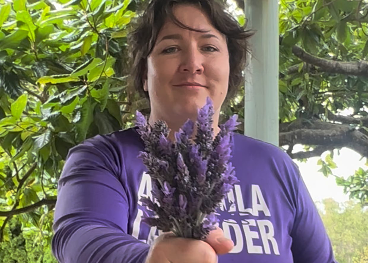Person holding a bundle of lavender in an outdoor setting