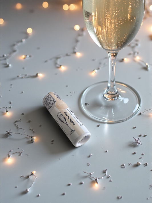 Champagne glass and lip butter on a surface with string lights and confetti