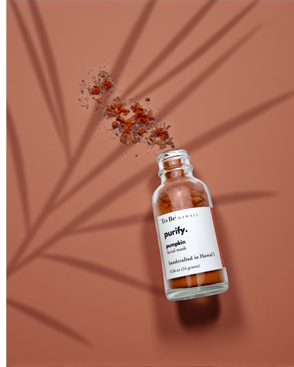Glass bottle with brown powder labeled 'purify' on a brown background