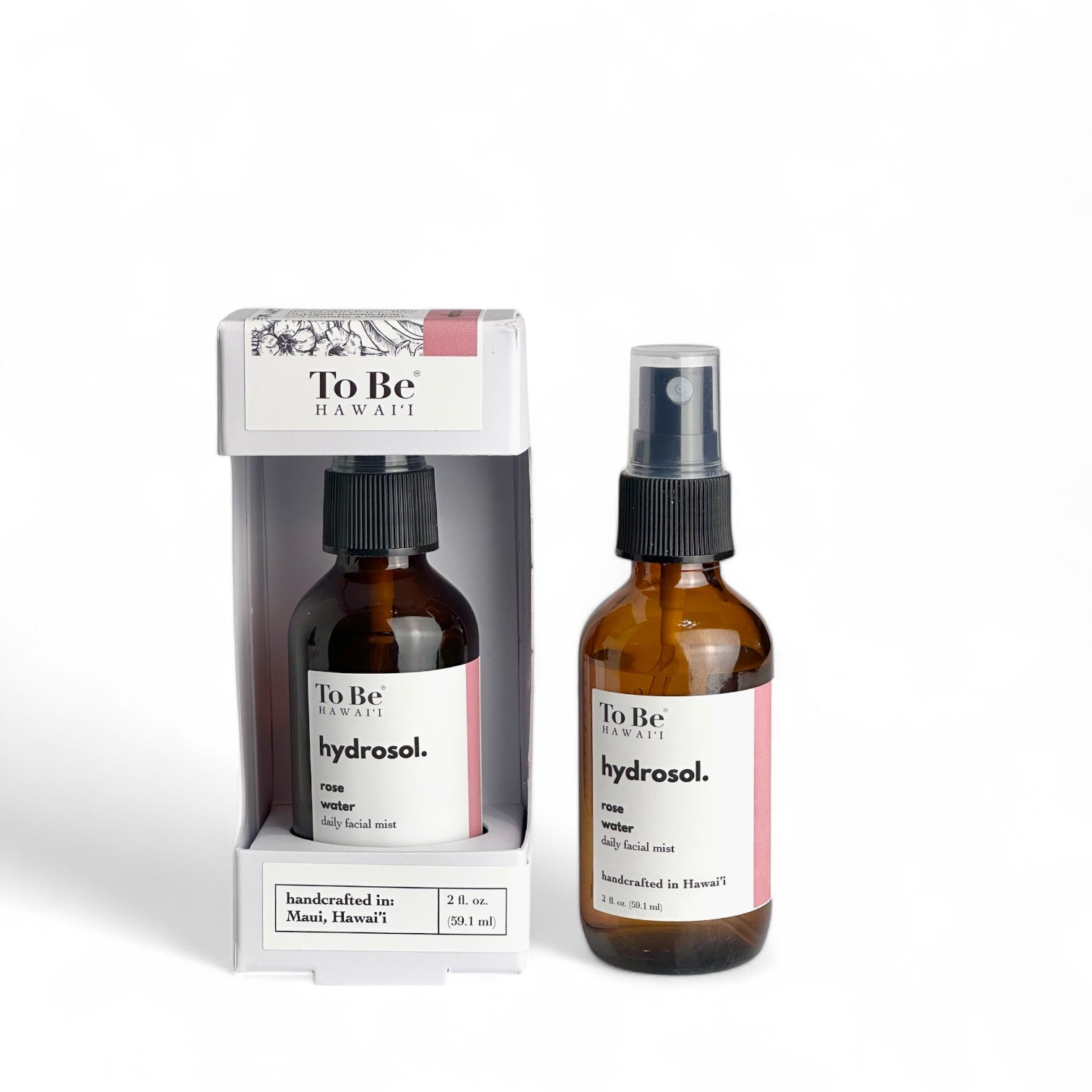 Steamed distilled rose water in an amber glass spray bottle. Packaged in a white box with a plastic free window.